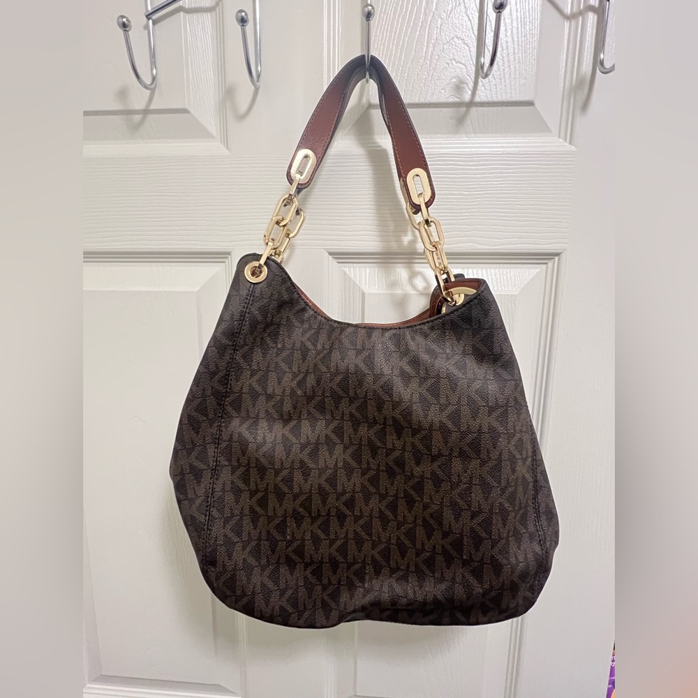 Michael Kors Gold Brown Shoulder Bag with Monogram Design